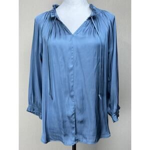 Carmen Marc Valvo Silky Slate Blue Blouse Sz Small Petite Classic Boho Flowy